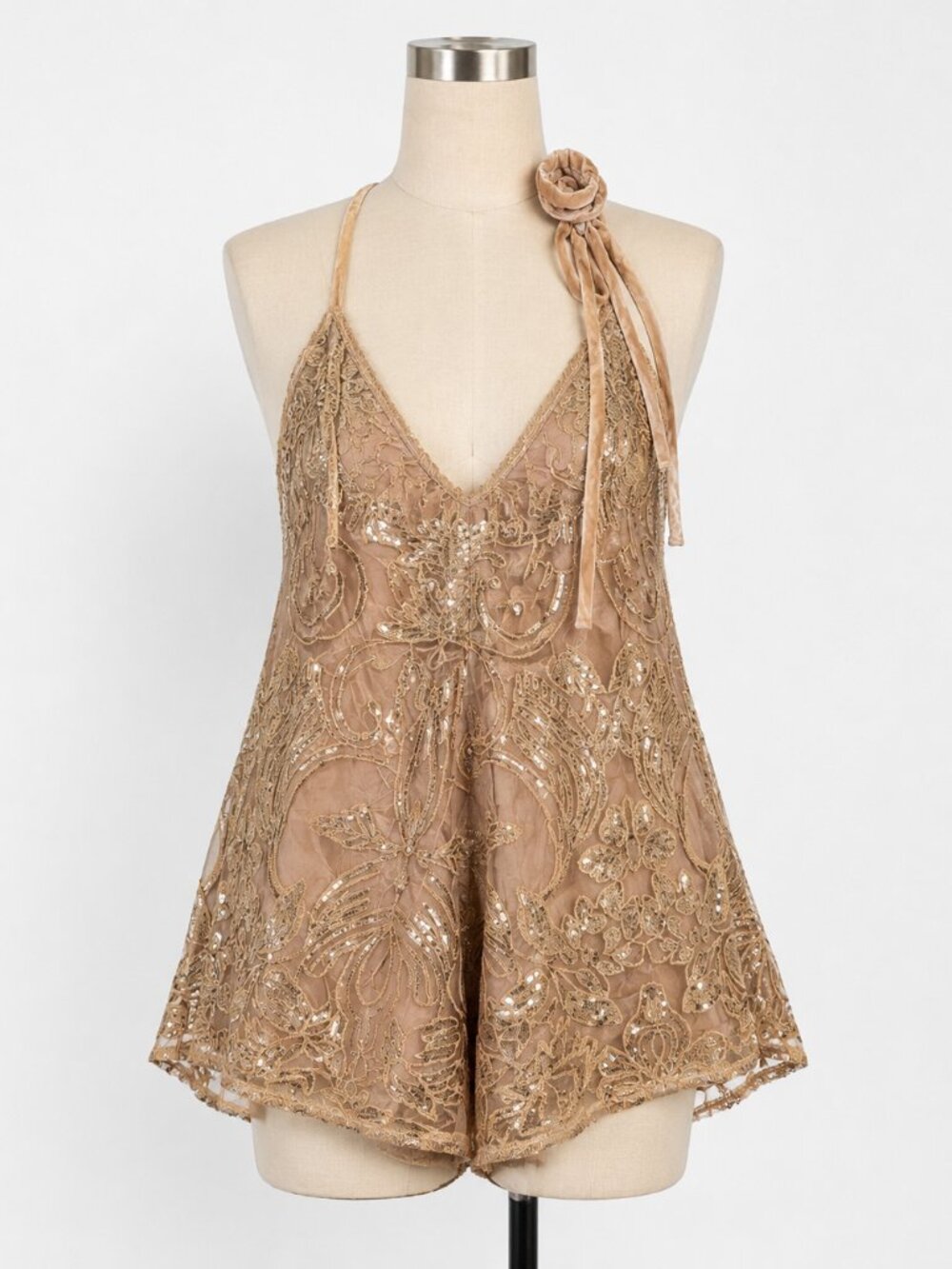 Free People Swingin It Embroidered Sequin Romper Champagne NWT M